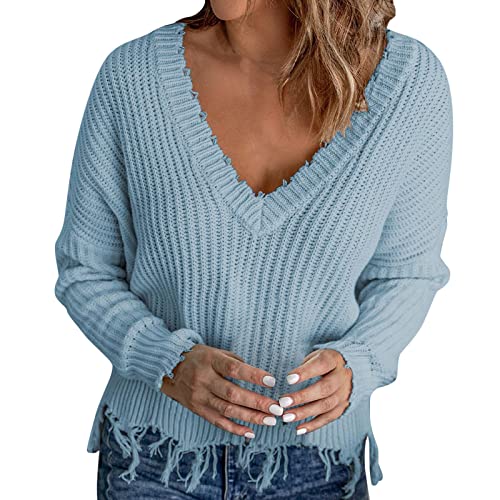 Damen Pullover mit V-Ausschnitt, Saum, Fransen, einfarbig, Strickpullover für Jungen und Mädchen, hellblau, XX-Large von Generic