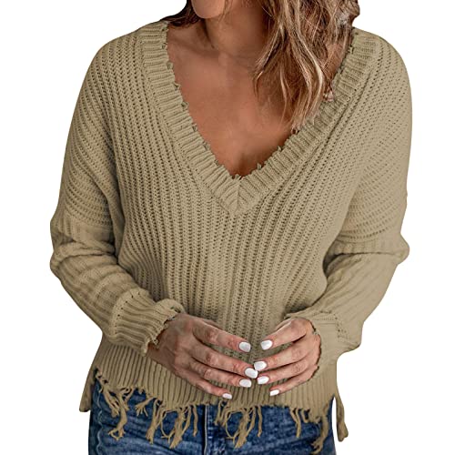 Damen Pullover mit V-Ausschnitt, Saum, Fransen, einfarbig, Strickpullover für Jungen und Mädchen, khaki, S von Generic