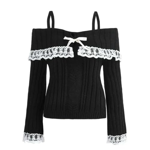 Damen-Pullover mit kalten Schultern, Frühlings- und Herbstkleidung, schicke und Elegante Lolita-Langarm-Pullover mit kontrastierender Spitze und Schleife vorne-cL von Generic