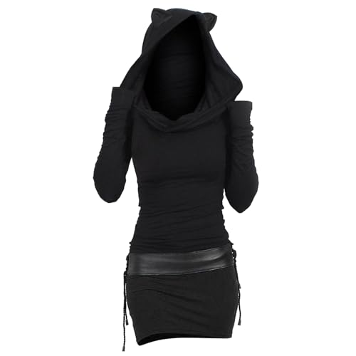 Damen Pulloverkleid Mit Kapuze Herbstkleid Sexy Pullover Kleid Kapuzenpullover Hoodie Farbeblock Slim Casual Langarm Minikleid Enges Strickkleid Herbst Winter Frauen Bodycon Gothic (Schwarz-f, L) von Generic