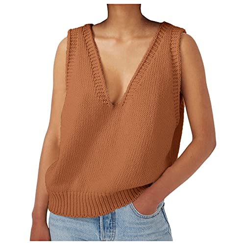 Damen Pullunder Strick Ärmellos Strickweste Frauen Herbst Pullunder Strick Elegant Weste Ärmellos Elegant Winter Herbst V-Ausschnitt Freizeit Winterpullover Strickweste Pullunder Sweater von Generic