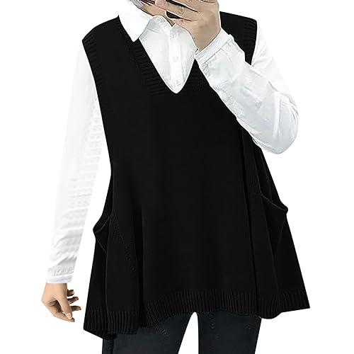 Damen Pullunder ärmellos V Ausschnitt Stricken Weste Oversize Strickweste Warm Tank Top Pullover Strick Winter Strickweste Elegante Strickpullover (Black, XXL) von Generic