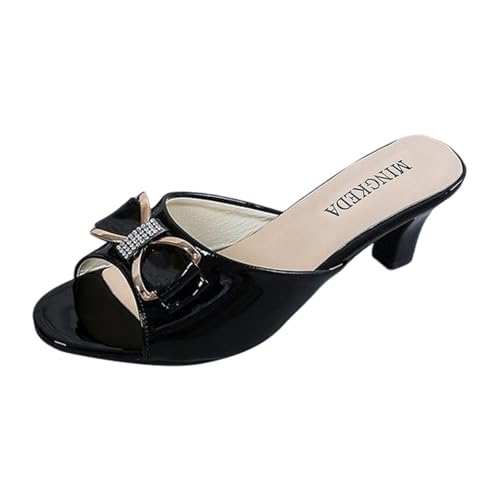 Damen-Pumps, offener Zehenbereich, Fischmund, Sandalen, mittlerer Absatz mit Schleife, Strass, elegant, leicht, Schuhe für Tanzabende, Schwarz , 38 EU von Generic
