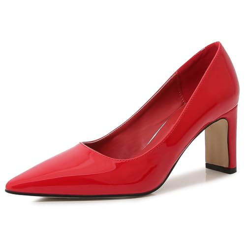 Damen Pumps Mit Blockabsatz Niedriger Ausschnitt Spitze Zehe Arbeits Und Kleiderschuhe Für Büro Alltag Hochzeit Und Party Bequeme Schuhe Weite Größen Erhältlich,Rot,36 EU von MiaZane