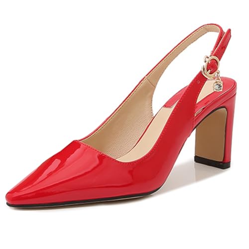 Damen Pumps Mit Blockabsatz Strass Slingback Spitze Zehe Hochzeits Partyschuhe Abendkleid Schuhe Mit Plateauabsatz,Rot,42 EU von MiaZane
