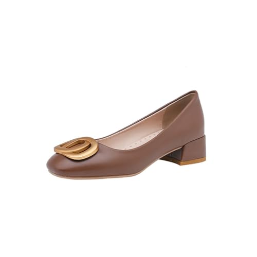 Damen Pumps Mit Quadratischer Spitze Goldener Schnallenverzierung Niedrige Blockabsätze Strapazierfähiges PU Leder Obermaterial Slip On Büro Alltag,Braun,37 EU von Generic