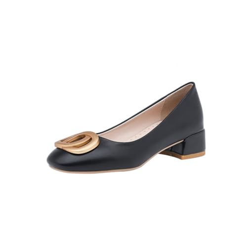 Damen Pumps Mit Quadratischer Spitze Goldener Schnallenverzierung Niedrige Blockabsätze Strapazierfähiges PU Leder Obermaterial Slip On Büro Alltag,Schwarz,38 EU von Generic