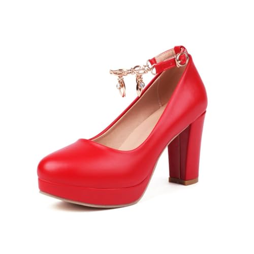Damen Pumps Mit Runder Spitze Aus PU Leder Mit Strass-Ketten Knöchelriemen Hohe Blockabsätze Slipper Abend Kleid Party Prom Schuhe,Rot,42.5 EU von Generic