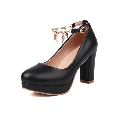 Damen Pumps Mit Runder Spitze Aus PU Leder Mit Strass-Ketten Knöchelriemen Hohe Blockabsätze Slipper Abend Kleid Party Prom Schuhe,Schwarz,38.5 EU von Generic