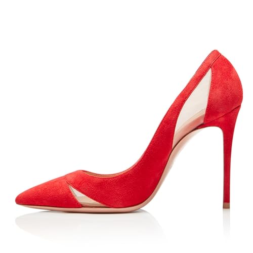 Damen-Pumps aus Wildleder mit Spitzer Zehenpartie und High Heels Elegant Bequem Geschlossene Zehenpartie aus Netzstoff Stilettoabsatz Slip-On-Abendschuhe für büro Party,Rot,39 EU von Generic