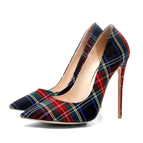 Damen Pumps mit Geschlossener Spitze High Heels Modisch Spitze Zehenpartie Kariert Stiletto-Absätze Klassisch Bequem Zum Hineinschlüpfen Abendschuhe für Brautbankett,Blau,43 EU von Generic
