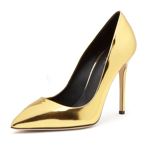 Damen-Pumps mit Spitzer Zehenpartie und Seicht Stilettoabsatz, Bequeme Slip-On-High Heels Glänzendes Lackleder mit Wunderschönem Absatz für Hochzeiten Partys und Bankette,Gold,37 EU von Generic