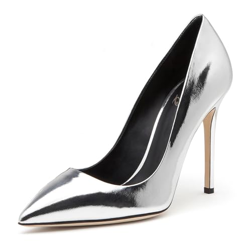 Damen-Pumps mit Spitzer Zehenpartie und Seicht Stilettoabsatz, Bequeme Slip-On-High Heels Glänzendes Lackleder mit Wunderschönem Absatz für Hochzeiten Partys und Bankette,Silber,46 EU von Generic