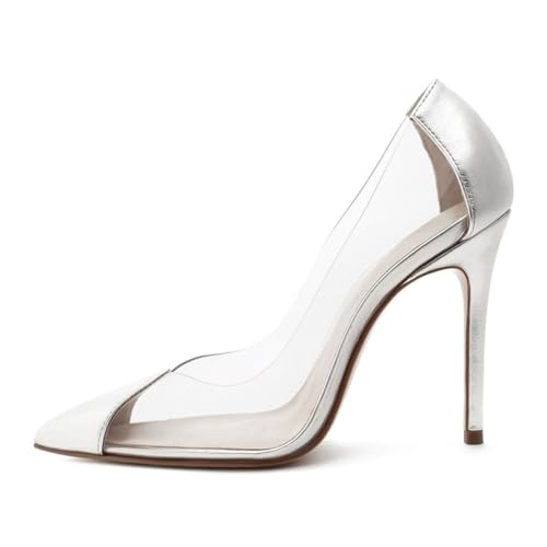 Damen-Pumps mit hohen Absätzen und transparenten Nähten aus PVC. Geschlossene Slip-on-Pumps mit spitzer Zehenpartie und Stilettoabsatz. Klassische, Elegante Büroschuhe,Silber,34 EU von Generic