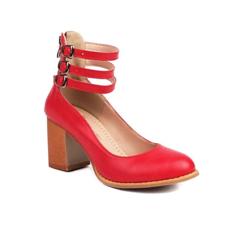 Damen Pumps mit runder Zehenpartie und Blockabsatz, Vintage Geschlossene Pumps mit klobigem Absatz und verstellbaren Schnallen, Hochzeits- und Partyschuhe,Rot,37 EU von Generic