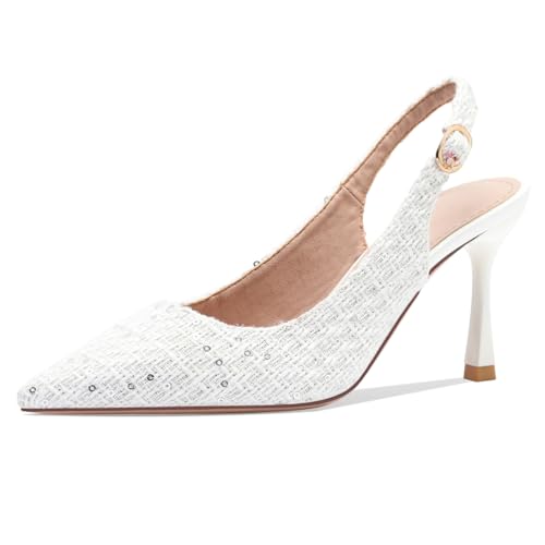 Damen Pumps mit spitzer Spitze Rückenriemen und Bouclé Applikationen Kitten Absatz oder Stiletto atmungsaktive Abendschuhe für Hochzeiten Partys formelle Anlässe,Weiß,40 EU Damen Pumps mit spitzer Spitze Rückenriemen und Bouclé Applikationen Kitten Absatz oder Stiletto atmungsaktive Abendschuhe für Hochzeiten Partys formelle Anlässe,Weiß,40 EU von Qynthra