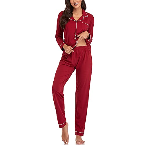 Damen Pure Color Top Hose Nachtwäsche Anzug Baumwolle Langarm Knopf Pyjama Set Slim Homewear Top Hosen Set Frauen Lang, rot, 36 von Generic