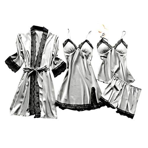 Damen Pyjama Set 4 Stück Set Satin Nachthemd Shorts Schlafanzug Spitze Nachtwäsche Sexy Seiden Nachtkleid Negligee Robe (Grau, S) von Generic