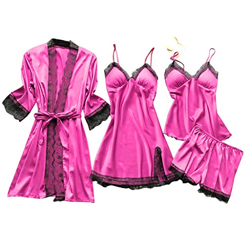 Damen Pyjama Set 4 Stück Set Satin Nachthemd Shorts Schlafanzug Spitze Nachtwäsche Sexy Seiden Nachtkleid Negligee Robe (Hot Pink, M) von Generic