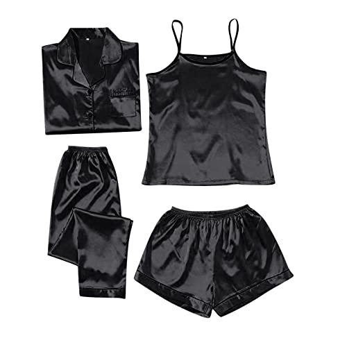 Damen Pyjama Set 4 Stück Set Satin Nachthemd Shorts Schlafanzug Spitze Nachtwäsche Sexy Seiden Nachtkleid Negligee Robe von Generic