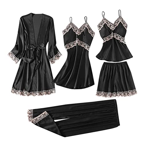 Damen-Pyjama-Set aus Satin, floraler Spitzenbesatz, Dessous-Nachtwäsche Brautpyjama für die Braut (Black, XXL) von Generic