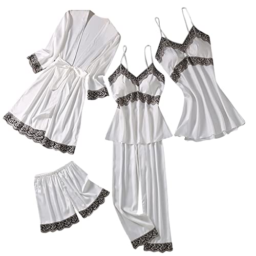 Damen-Pyjama-Set aus Satin, floraler Spitzenbesatz, Dessous-Nachtwäsche Brautpyjama für die Braut (White, XXL) von Generic