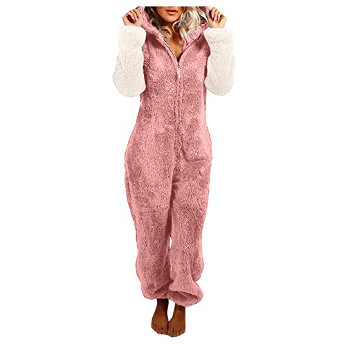 Damen-Pyjama aus künstlicher Wolle mit langen Ärmeln, lässig, einfarbig, Reißverschluss, locker, mit Kapuze, Overall, Pyjama, lässig, Winter, warm, Rompe, süße Ohren, Nachtwäsche Cardigan (Pink, XL) von Generic