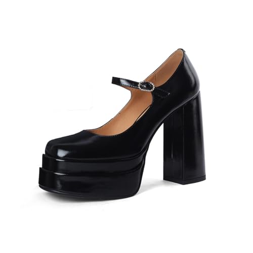 Damen Quadratisch Geschlossene Zehen Pumps Hohe Chunky Plateau Absätze Knöchelriemen Kleid Hochzeit Party Y2K Schuhe,Schwarz,38 EU von Generic