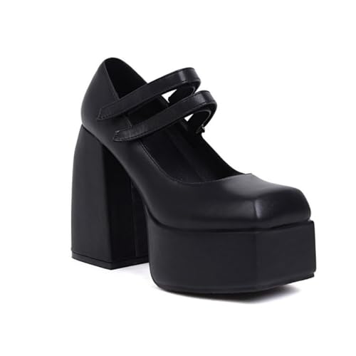 Damen Quadratische Zehe PU Leder Mary Janes Hoher Blockabsatz Kleid Schuhe Mit Schnalle Plateau Schuhe Mit Absatz Für Party Daily,Schwarz,40 EU von Generic