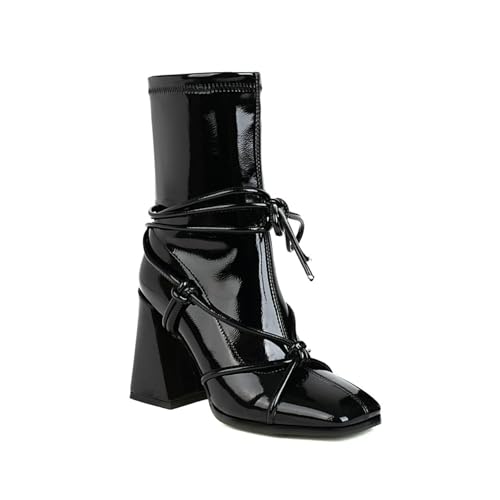 Damen Quadratzehen Lackleder Kurze Stiefel Hoher Stämmiger Absatz Chelsea Stiefel Zum Reinschlüpfen Stiefeletten Mit Knoten,Schwarz,43 EU von Generic
