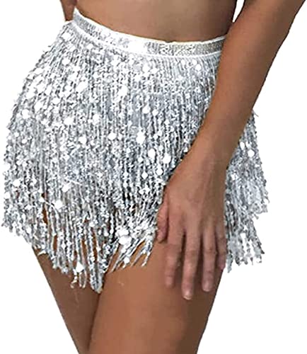 Damen Rave Rock Fransen Rock Pailletten Quaste Rock Bauchtanz Kostüm Bauchtanz Mini Rock Hüftschal Rave Outfit für Frauen und Mädchen (Silber, One Size) von Generic