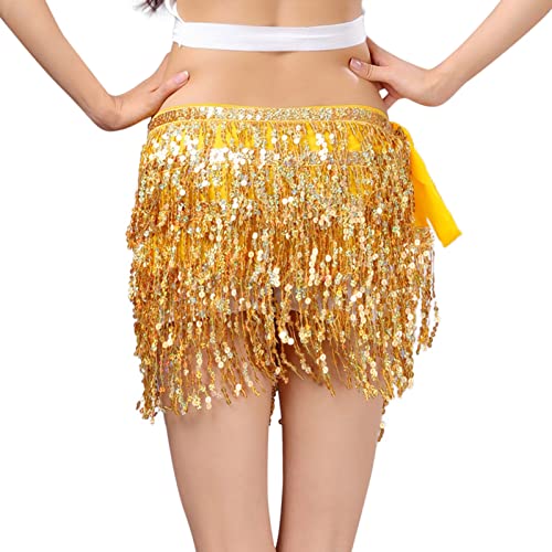 Damen Rave Rock Fransen Rock Pailletten Quaste Rock Bauchtanz Kostüm Bauchtanz Mini Rock Hüftschal Rave Outfit für Frauen und Mädchen (X1-Gold, One Size) von Generic