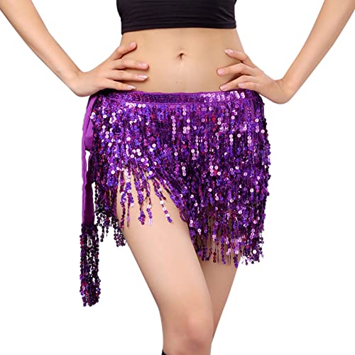 Damen Rave Rock Fransen Rock Pailletten Quaste Rock Bauchtanz Kostüm Bauchtanz Mini Rock Hüftschal Rave Outfit für Frauen und Mädchen (X1-Purple, One Size) von Generic