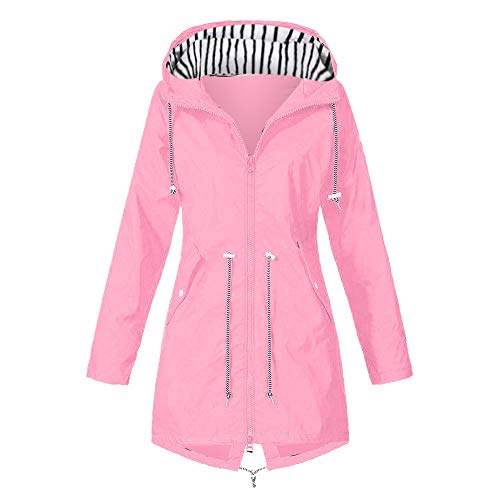 Damen Regenjacke Wasserdicht Atmungsaktiv Leicht Lang Regenmantel mit Kapuze Frauen Leichte Wasserdicht Regenparka Outdoorjacke Übergangsjacken (Rosa, L) von Generic