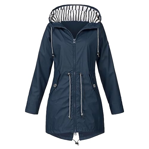 Damen Regenjacke mit Kapuze leichter Langärm Windjacke Reißverschluss Kordelzug und Taschen Wasserdicht Atmungsaktiv Regenmantel Regen Winddicht Jacke für Radfahrer Camping Outdoor (01-Dark Blue, XXL) von Generic
