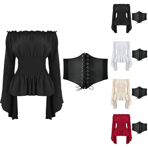 Damen Renaissance Top Mittelalter Bluse Trompetenärmel Off Shoulder Gothic Viktorianische Shirt mit Korsett Taille Gürtel Pirate Halloween Kostüm von Generic