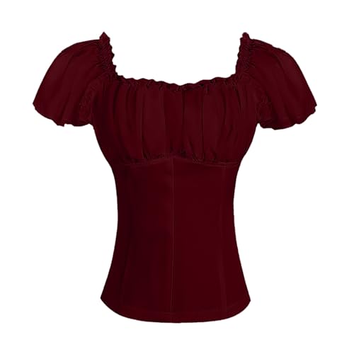 Damen Renaissance Trachtenbluse Viktorianische Rüschenbluse Schulterfrei Gesmokte Mittelalter Shirt Bierbekleidung Bluse für Frauen von Generic