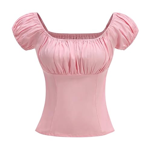 Damen Renaissance Trachtenbluse Viktorianische Rüschenbluse Schulterfrei Gesmokte Mittelalter Shirt Bierbekleidung Bluse für Frauen von Generic