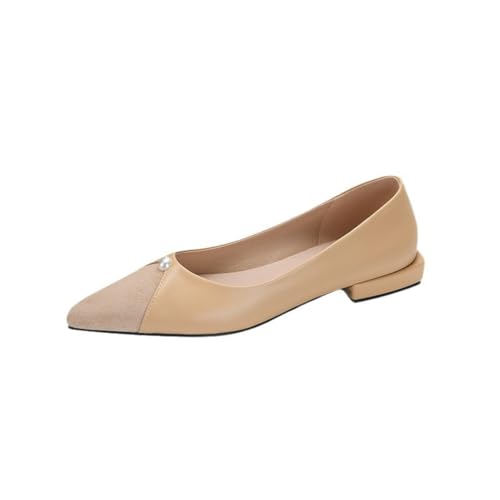 Damen Retro Ballerinas Mit Spitzem Zeh Kunstleder Wildleder Perlen Detail Bequeme Niedrige Absätze Slip-On Freizeit Kleid Büro,Apricot,40 EU von Generic