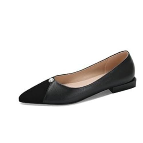 Damen Retro Ballerinas Mit Spitzem Zeh Kunstleder Wildleder Perlen Detail Bequeme Niedrige Absätze Slip-On Freizeit Kleid Büro,Schwarz,36 EU von Generic