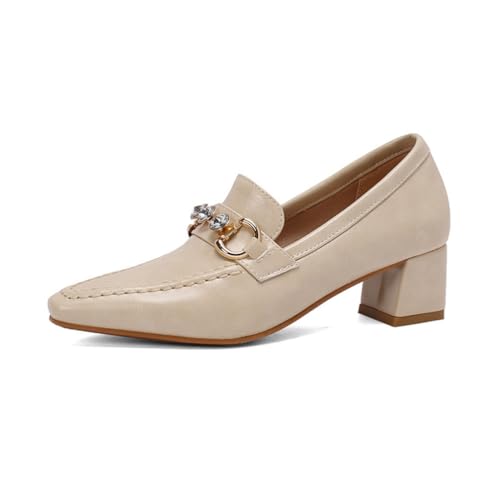 Damen Retro Loafers Mit Strass Robustes PU Leder Spitz Zeh Mittlere Blockabsätze Bequeme Slip-On Schuhe Abend Party Büro Arbeit,Beige,37 EU von Generic