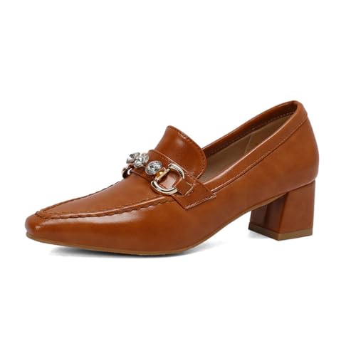 Damen Retro Loafers Mit Strass Robustes PU Leder Spitz Zeh Mittlere Blockabsätze Bequeme Slip-On Schuhe Abend Party Büro Arbeit,Braun,38 EU von Generic