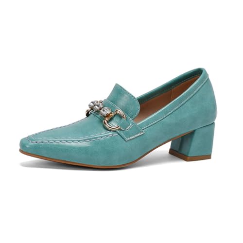 Damen Retro Loafers Mit Strass Robustes PU Leder Spitz Zeh Mittlere Blockabsätze Bequeme Slip-On Schuhe Abend Party Büro Arbeit,Grün,40 EU von Generic