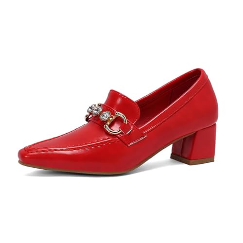 Damen Retro Loafers Mit Strass Robustes PU Leder Spitz Zeh Mittlere Blockabsätze Bequeme Slip-On Schuhe Abend Party Büro Arbeit,Rot,34 EU von Generic