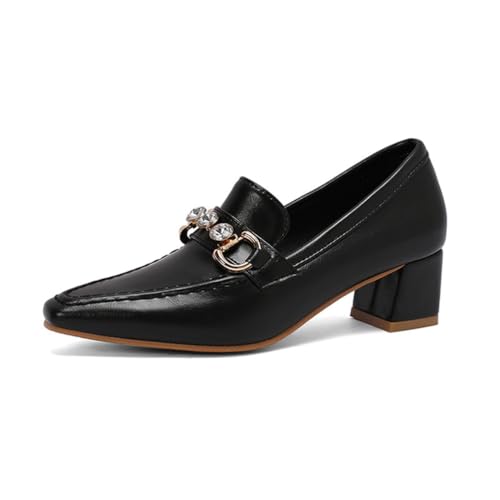 Damen Retro Loafers Mit Strass Robustes PU Leder Spitz Zeh Mittlere Blockabsätze Bequeme Slip-On Schuhe Abend Party Büro Arbeit,Schwarz,36 EU von Generic