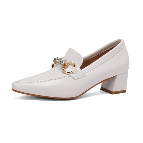 Damen Retro Loafers Mit Strass Robustes PU Leder Spitz Zeh Mittlere Blockabsätze Bequeme Slip-On Schuhe Abend Party Büro Arbeit,Weiß,34 EU von Generic