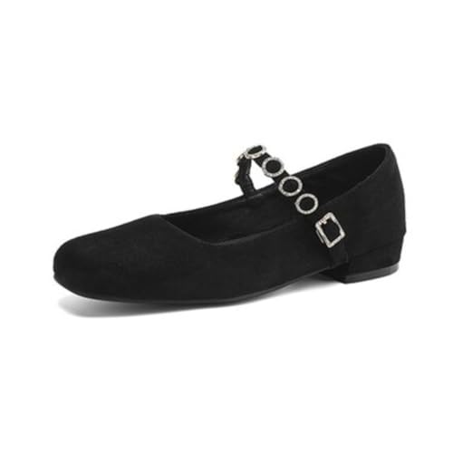 Damen Retro Mary Jane Flache Schuhe Mit Runder Spitze Obermaterial Aus Wildleder Strass Schnallenriemen Slipper Büroschuhe,Schwarz,42.5 EU von Generic