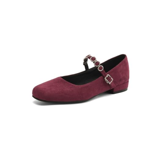 Damen Retro Mary Jane Flache Schuhe Mit Runder Spitze Obermaterial Aus Wildleder Strass Schnallenriemen Slipper Büroschuhe,Wine red,40 EU von Generic