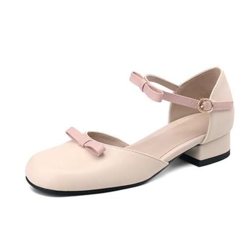 Damen Retro Mary Jane Pumps Mit Eckiger Spitze Aus Kunstleder Knöchelriemen Mit Schleife Und Schnalle Niedrige Blockabsätze Slipper Party Casual Schuhe,Off White,35 EU von Generic