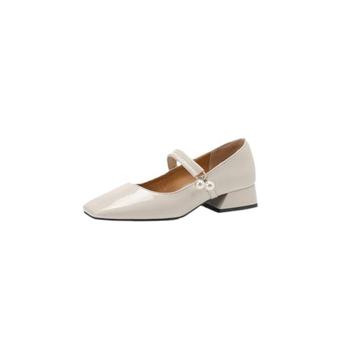 Damen Retro Mary Jane Pumps Mit Eckiger Spitze Lacklederoberteil Perlen-Schnallenriemen Niedrige Blockabsätze Slipper Büroschuhe,Off White,38.5 EU von Generic